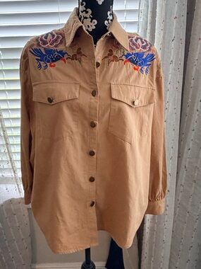 SHEIN Tan Button-Up Shirt with Blue & Pink Floral Embroidery